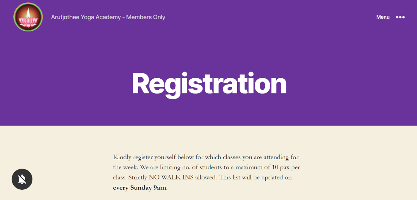 screenshot of Arutjothi Yoga Academy registration page