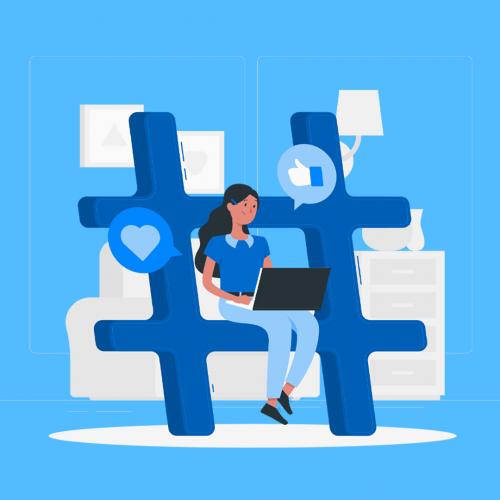 graphic illustration of woman sitting in the middle of hashtag while holding a laptop
