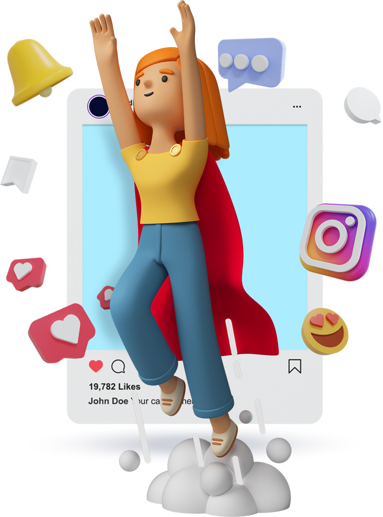 icon of social media management; woman rocketeering in front of Instagram post