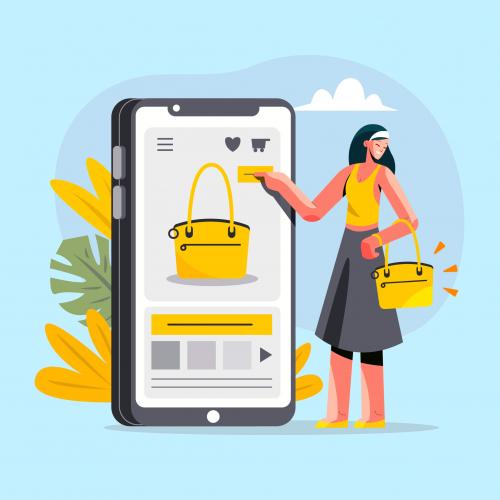 graphic illustration of woman pointing at shopping bag displayed on smartphone her size