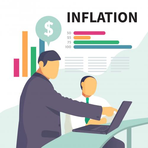 graphic illustration of inflation graph as a background with dollar sign over a man pointing at a laptop