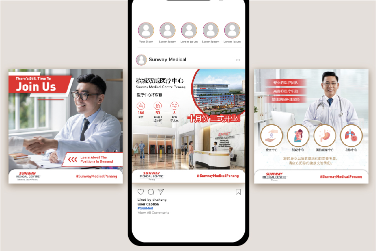 Mockup of smartphone displaying Instagram post by Sunway Medical Centre Penang